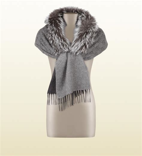 gucci shawl grey|Gucci scarf with fur trim.